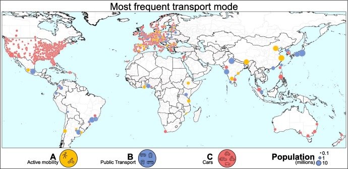  Most frequent mode of transport per city. The size of each dot is proportional to the population of the city. An interactive version of the map is available at CitiesMoving.com/visualizations.