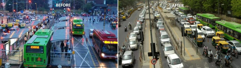 "Usually, when we think of a ‘before and after’ transformation, we expect progress—better public transport, more efficiency, and improved mobility. But in Delhi, the reality was the opposite. After the BRT corridor was removed, the space once dedicated to buses was reclaimed by private vehicles, pushing public transport users to the margins—both literally and figuratively. Instead of prioritizing sustainable mobility, the city ended up reinforcing car dominance."