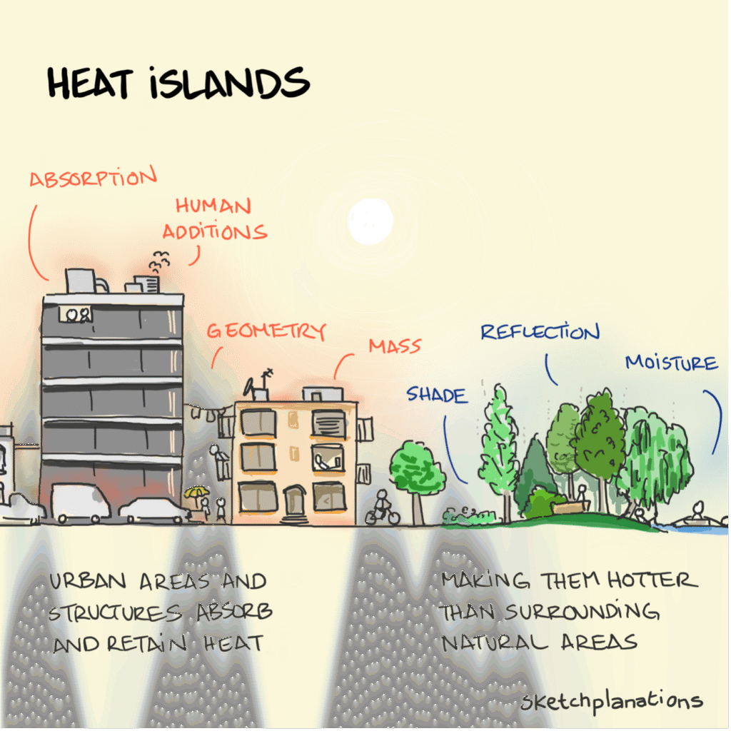 Figure 1: Urban Heat Island effect (Creative Commons Attribution-NonCommercial 4.0 International License.) Image source: https://sketchplanations.com/heat-islands