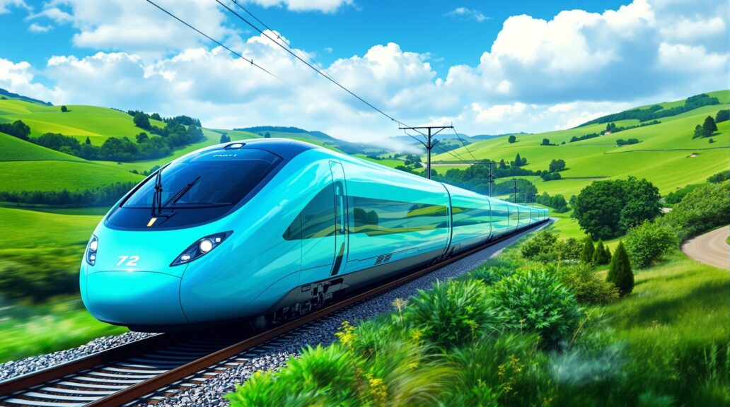 Global innovation - showcasing the turquoise CORADIA iLint hydrogen train in European countryside, emphasizing the pioneering nature of the technology. Image by AI