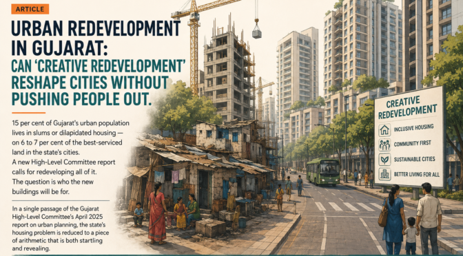 Urban Redevelopment in Gujarat: Can 'Creative Redevelopment' Reshape Cities Without Pushing People Out. 15 per cent of Gujarat's urban population lives in slums or dilapidated housing — on 6 to 7 per cent of the best-serviced land in the state's cities.