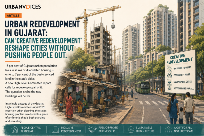 Urban Redevelopment in Gujarat: Can 'Creative Redevelopment' Reshape Cities Without Pushing People Out. 15 per cent of Gujarat's urban population lives in slums or dilapidated housing — on 6 to 7 per cent of the best-serviced land in the state's cities.
